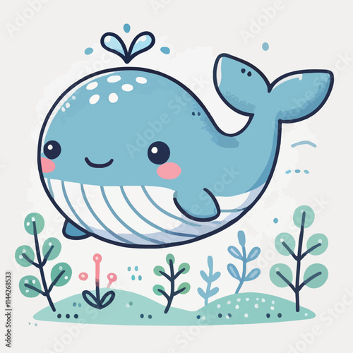 Cute blue whale spraying water vector illustration in kawaii cartoon style