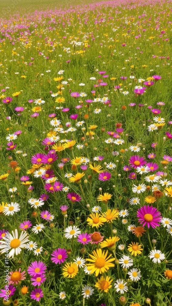 Vibrant wildflowers carpet a sun-drenched spring meadow, landscape, white Vibrant wildflowers carpet a sun-drenched spring meadow, landscape, white