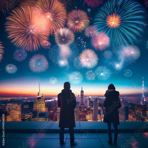 Un ciel de minuit illuminé par de spectaculaires feux d’artifice colorés, au-dessus d'une grande ville avec des gratte-ciel scintillants photo