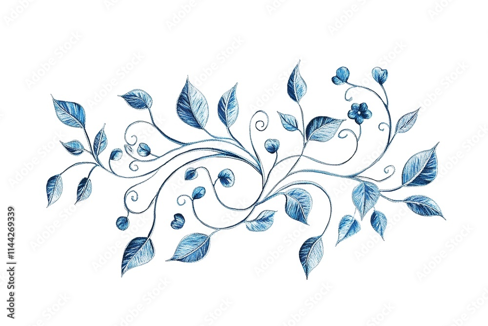 Elegant Blue Embroidered Floral Design on White Background Elegant Blue Embroidered Floral Design on White Background