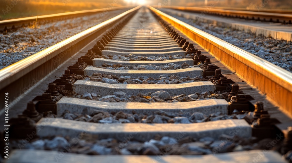 Sunlit railway tracks vanishing into the distance. Sunlit railway tracks vanishing into the distance.