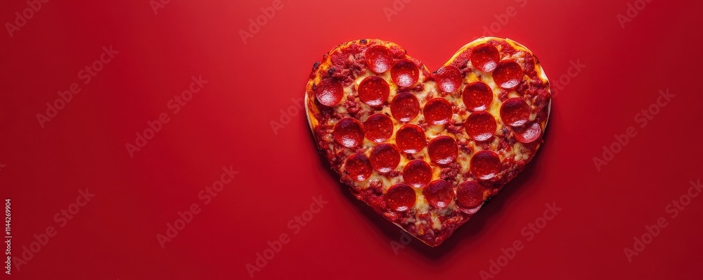 Fototapeta premium Heart shaped pepperoni pizza served on color background,Set of Valentine day,love and romantic banner,dating couple,dinner holiday meal concept,Romantic wedding.