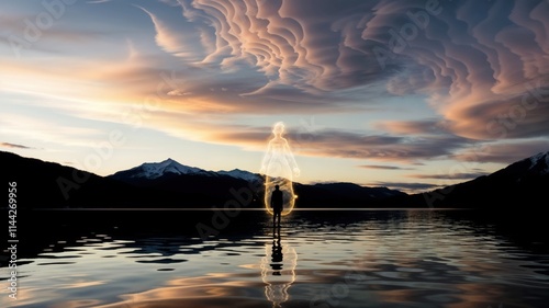 Silhouette on a mirrored lake with fractal clouds and celestial reflection photo