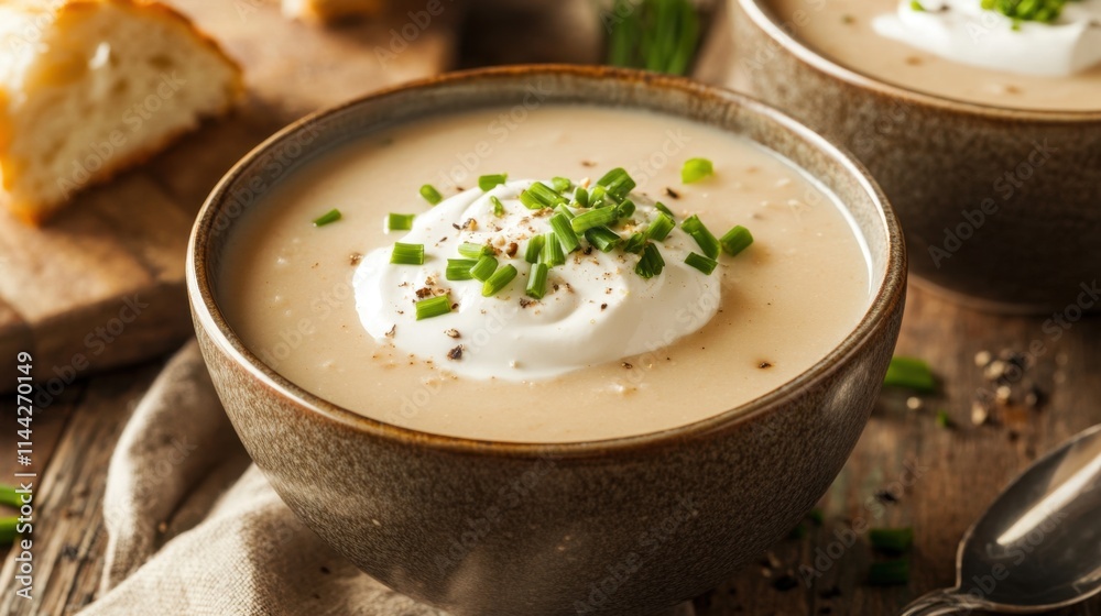 Creamy Soup with Herbs and Garnish in Rustic Bowl Setting Creamy Soup with Herbs and Garnish in Rustic Bowl Setting