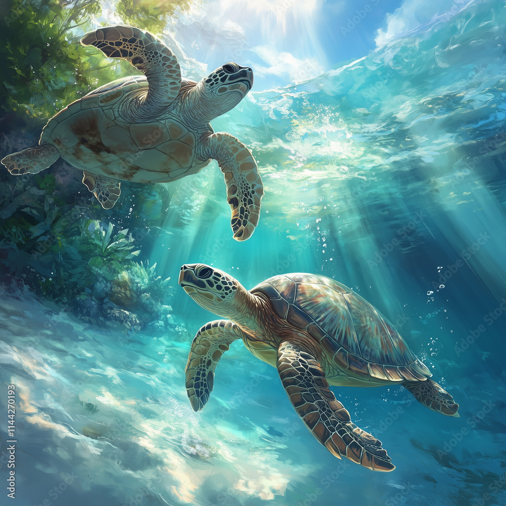 Fototapeta premium Sea turtles gracefully gliding through clear turquoise waters near a vibrant coral reef