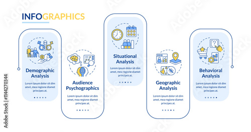 Audience analysis rectangle infographic vector. Customer data studying. Digital marketing strategy. Data visualization with 5 steps. Editable rectangular options chart. Lato-Bold, Regular fonts used