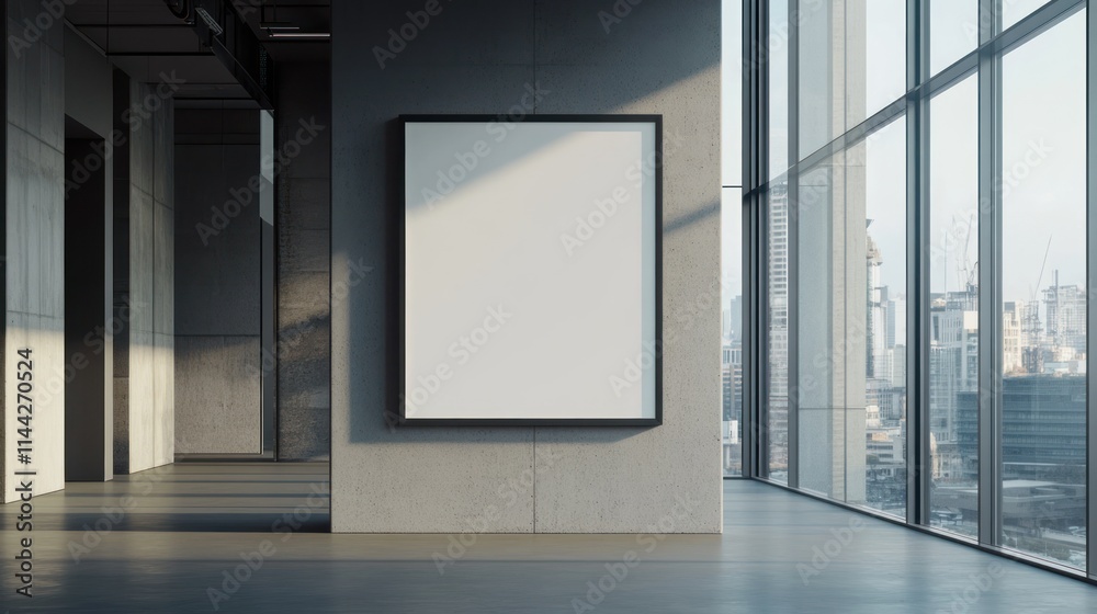 Fototapeta premium Modern Office Corridor with Blank Poster and City View