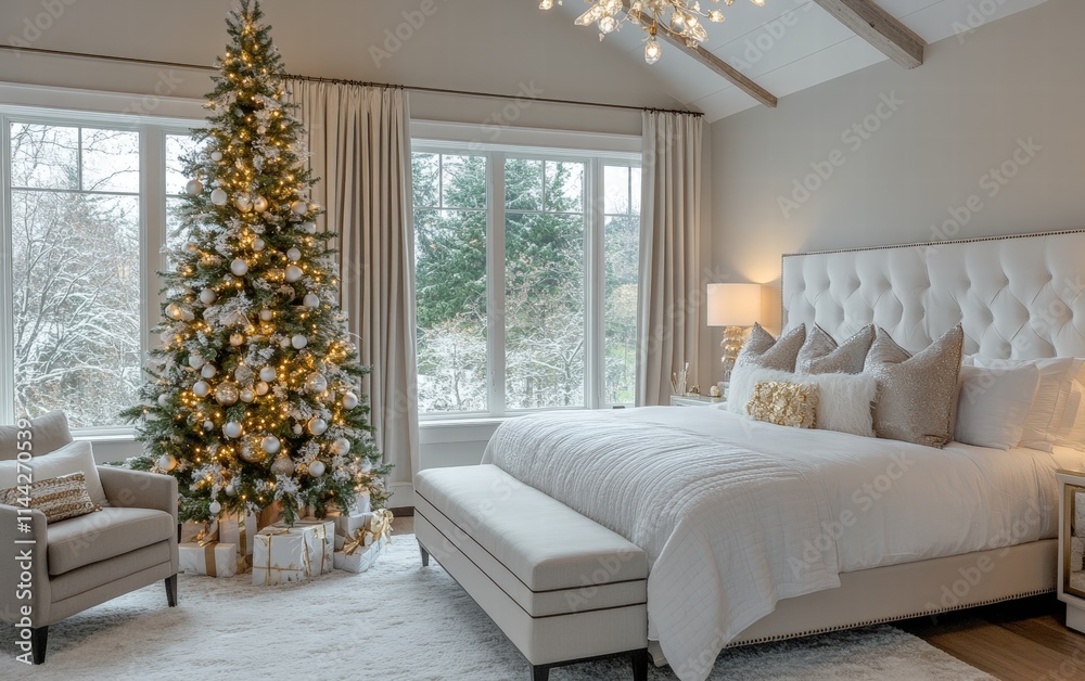 A Scandinavian-inspired bedroom with a tall Christmas tree decorated in minimalist white and gold A Scandinavian-inspired bedroom with a tall Christmas tree decorated in minimalist white and gold