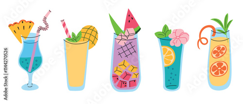 Set of five colorful tropical cocktails in glasses with fruit garnishes and straws in flat cartoon style. Mocktails vector illustrations. Perfect for summer, party, and beverage themed designs