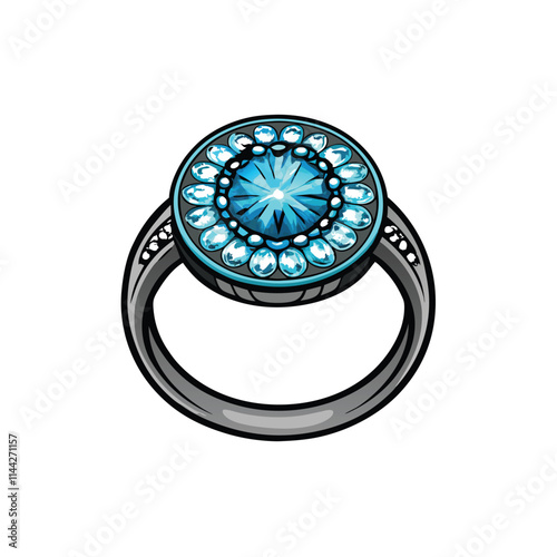 Create a photorealistic vector illustration of a platinum wedding ring featuring a single, round-cut diamond.  Highlight the ring's polished surface and metal sheen.