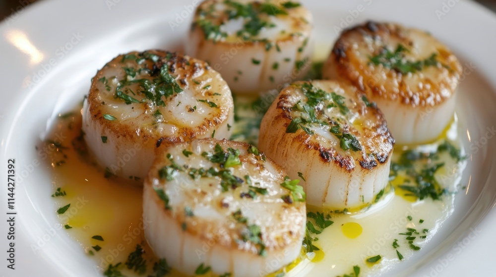 Freshly Grilled Scallops Garnished with Herbs on White Plate Freshly Grilled Scallops Garnished with Herbs on White Plate