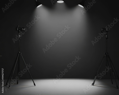 A minimalist photography setup featuring two tripods under focused lights, set against a dark background, ideal for capturing subjects.