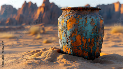 An ancient, weathered pot in a sandy landscape. photo