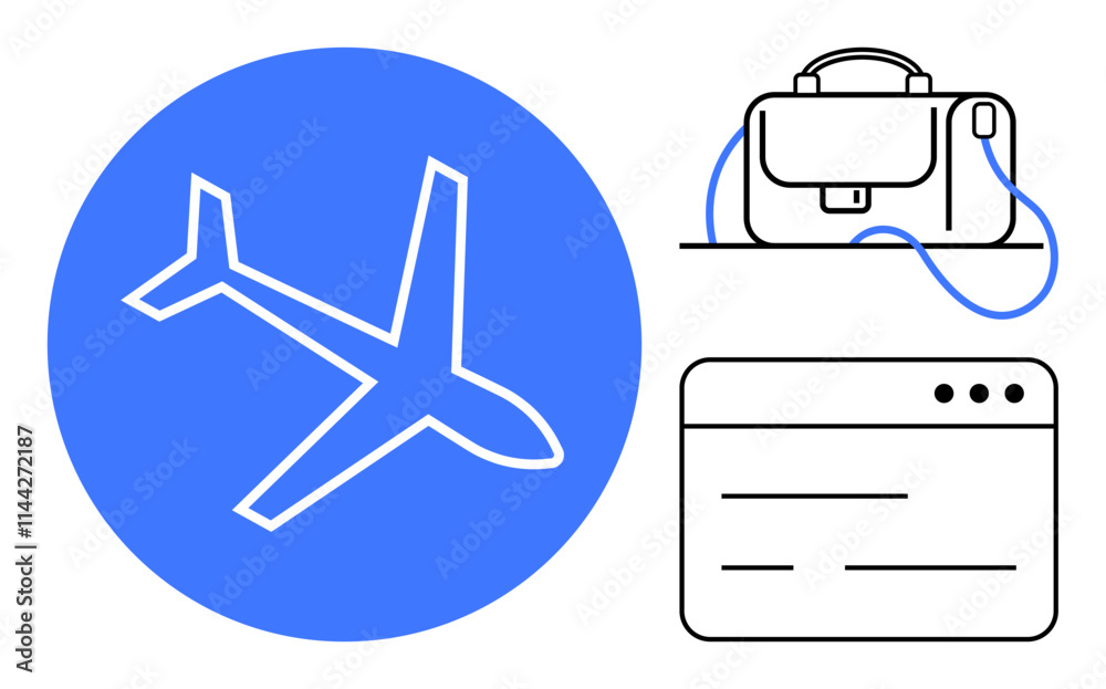 Airplane circled in blue, briefcase, and web browser tab suggest business travel and online tasks. Ideal for travel, business, corporate presentations, websites, apps, marketing, and educational Airplane circled in blue, briefcase, and web browser tab suggest business travel and online tasks. Ideal for travel, business, corporate presentations, websites, apps, marketing, and educational