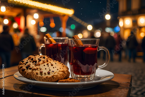 Two glasses of hot mulled spicy wine with cookies at a Christmas market illuminated at night in december photo