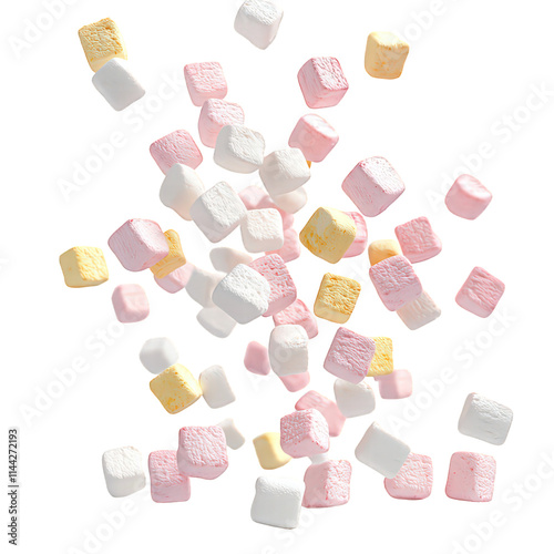 Flying Falling Marshmallows Isolated on Transparent Background photo