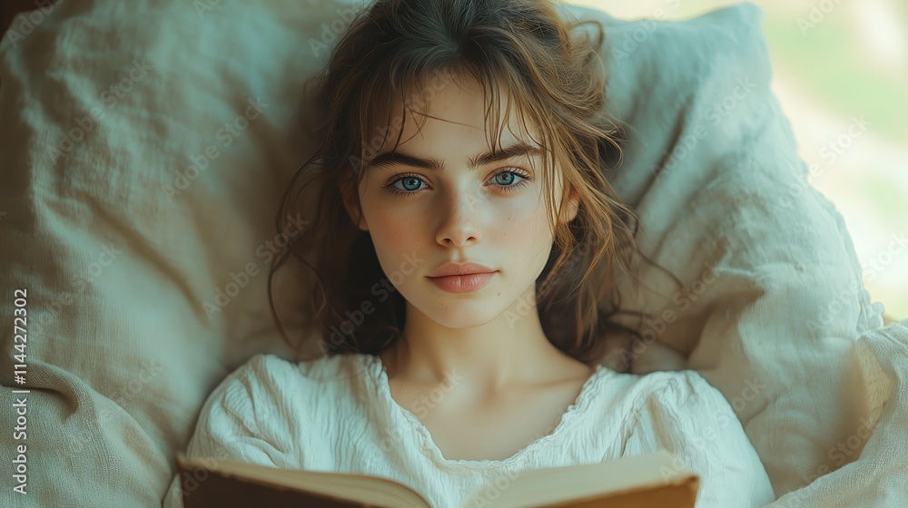 Serene young woman reading in cozy bed with natural light Serene young woman reading in cozy bed with natural light