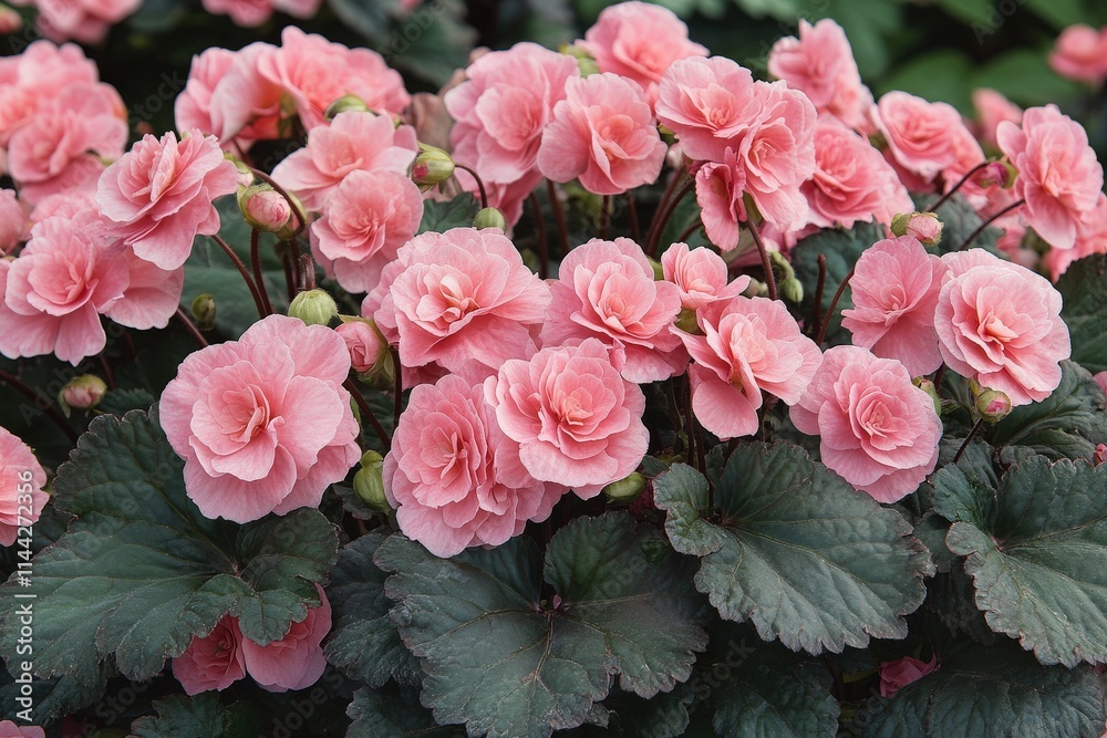 Begonias in Bloom: Close-up of High-Coloured Summer Flowers in a Flowerbed Begonias in Bloom: Close-up of High-Coloured Summer Flowers in a Flowerbed