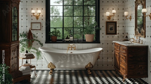 A luxurious bathroom featuring a freestanding bathtub, elegant fixtures, and intricate tile patterns. The space exudes comfort and style with natural light. photo