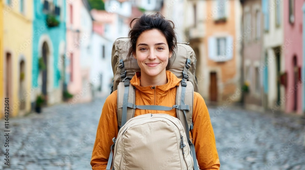 Fototapeta premium Happy Backpacker Exploring Colorful European Town