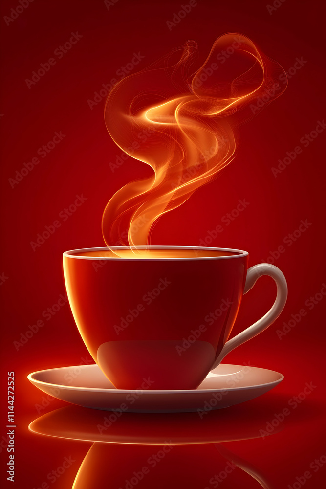 A steaming cup of beverage on a red background. A steaming cup of beverage on a red background.