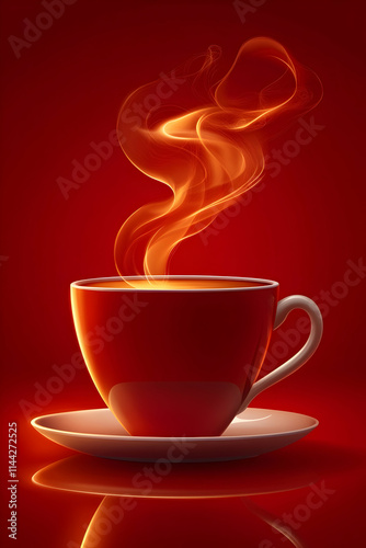 A steaming cup of beverage on a red background.