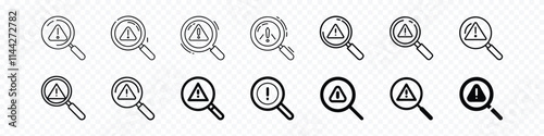 Magnifying glass warning error icon. Business Risk Analysis symbol with magnifying glass icon, Magnifying glass warning error icon. 