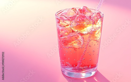 Refreshing pink fizzy drink with ice cubes in a glass on pink background.