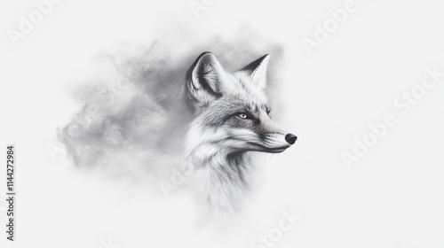 A detailed, monochrome sketch of a fox's head, showcasing its facial features and playful demeanor against a soft, blurred background. photo