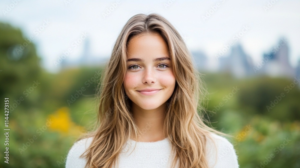 Happy Young Woman in Park with City Skyline Happy Young Woman in Park with City Skyline
