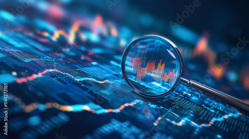 A magnifying glass over digital data, symbolizing stock market analysis and the examination of financial trends.