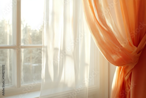 Morning light streaming through sheer curtains in a cozy room with soft orange drapes