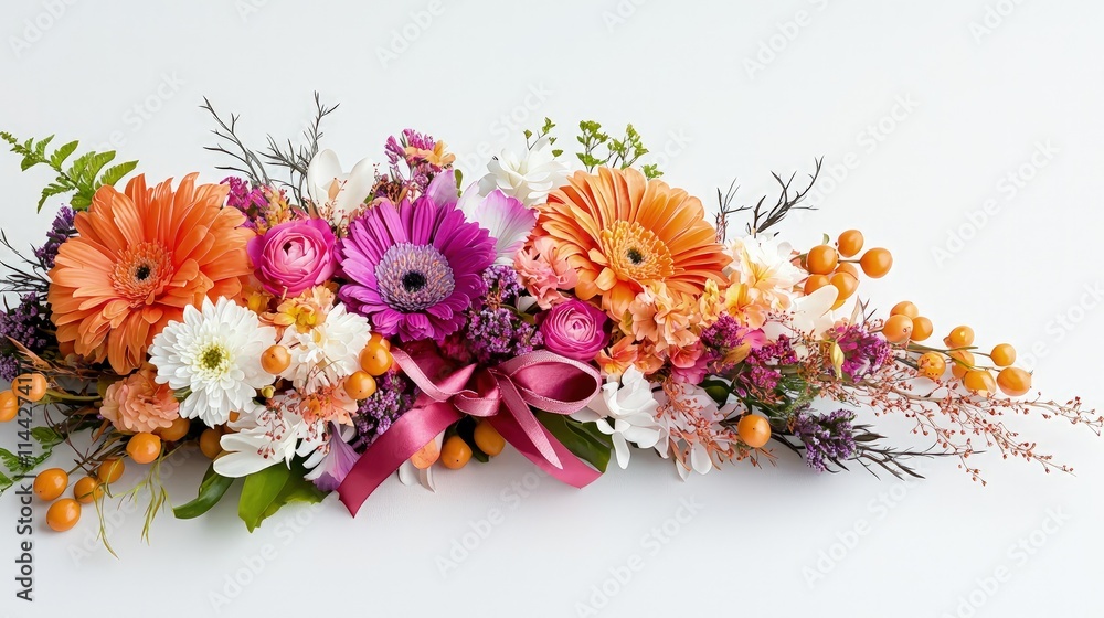 Fototapeta premium Vibrant floral arrangement featuring orange and pink gerbera daisies, white chrysanthemums, and a pink ribbon on a white background.