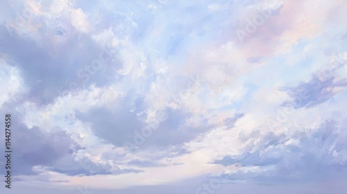 Soft, painterly clouds in lavender, blush pink, and sky blue blend across a tranquil horizon, evoking the serene beauty of an early evening sky painted with gentle hues