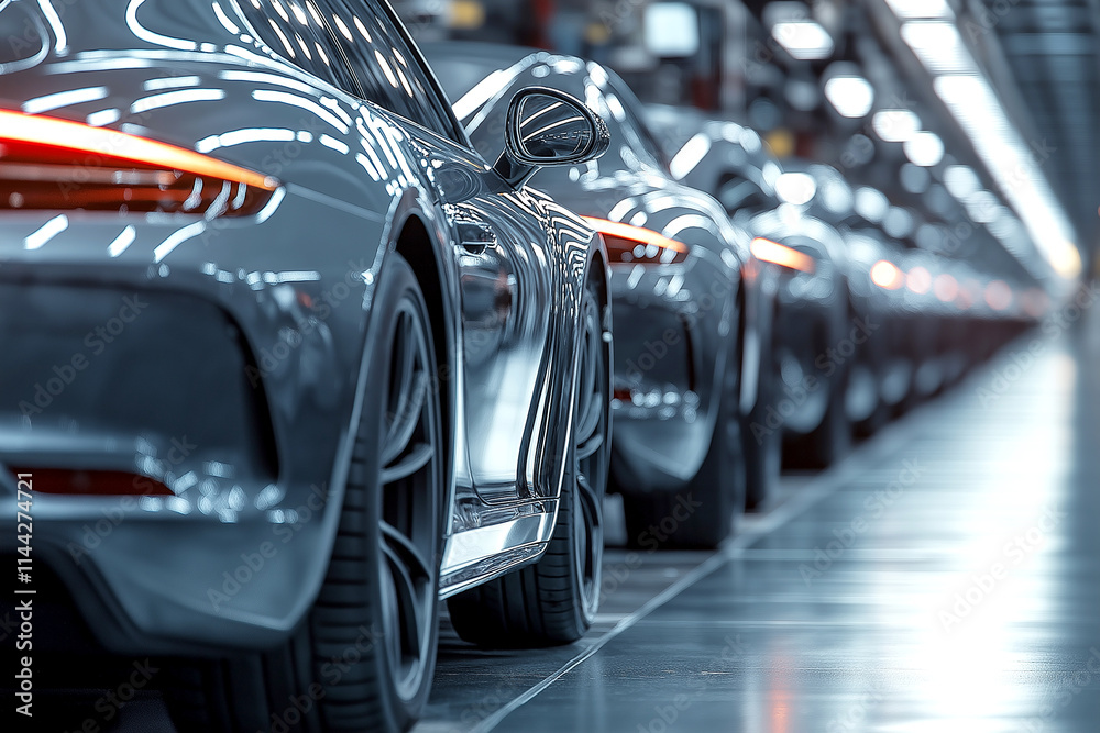 Fototapeta premium A high-definition photograph of an electric car production line in the interior, showcasing multiple cars on the assembly floor with blurred lights and reflections. 