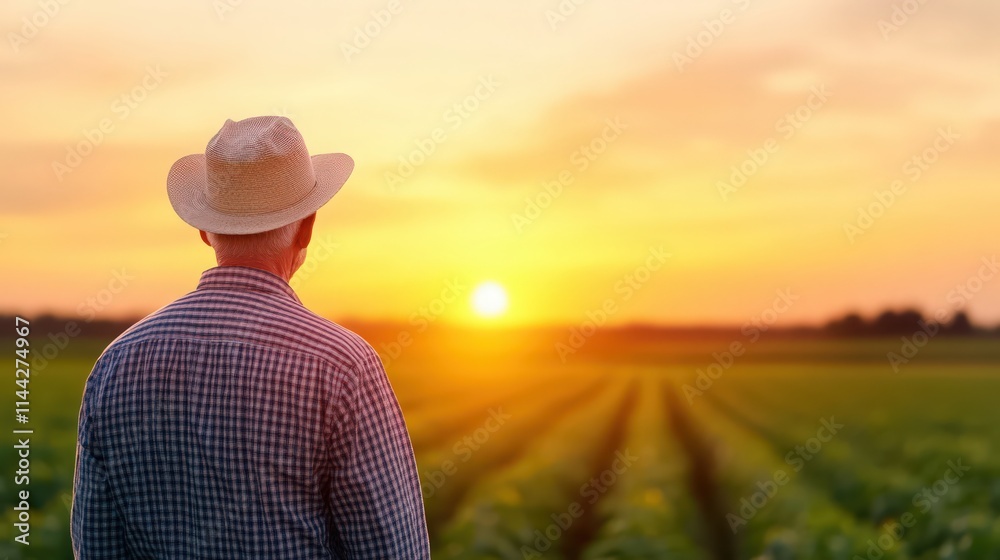A man wearing a straw hat stands in a field looking at the sun A man wearing a straw hat stands in a field looking at the sun