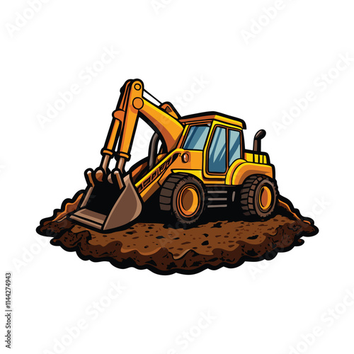 A powerful backhoe loader excavates earth, preparing a foundation for a new building.  Dust flies as the bucket scoops up soil.