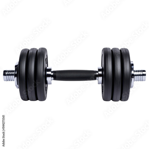 A black dumbbell with adjustable weight plates and a sturdy grip, designed for strength training and workouts, white background, transparent background.