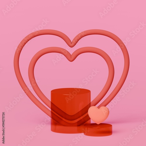 minimalistic red heart-shaped scene on a pink background, 3D rendering. The podium for a mockup for Valentine's Day.