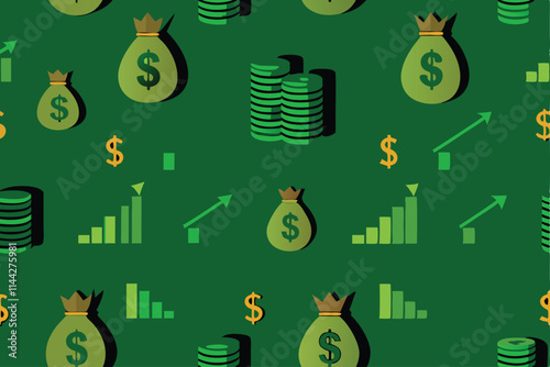 Create a seamless vector pattern featuring repeating economic symbols, such as graphs, money, and currency signs, suitable for business backgrounds.