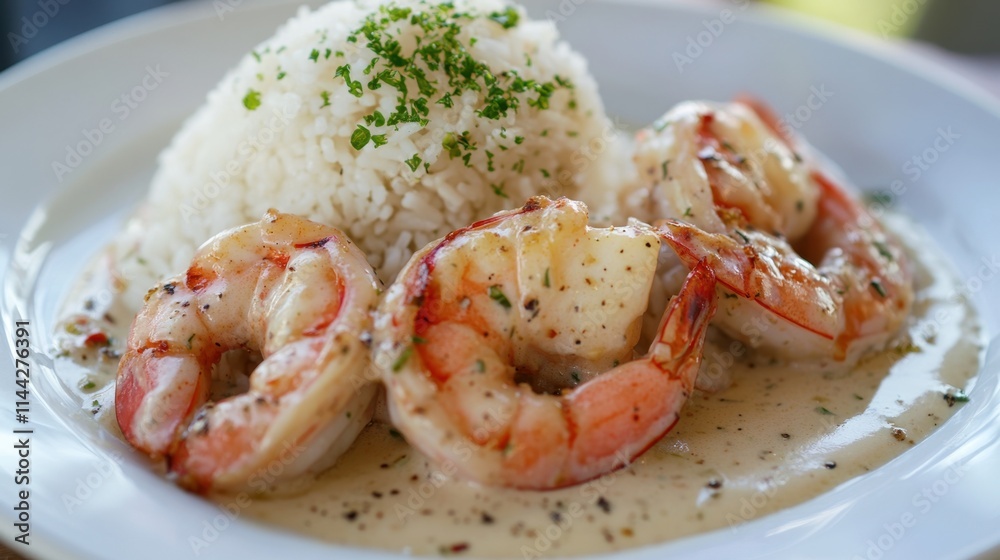Grilled Shrimp with Creamy Sauce and Rice on White Plate Grilled Shrimp with Creamy Sauce and Rice on White Plate