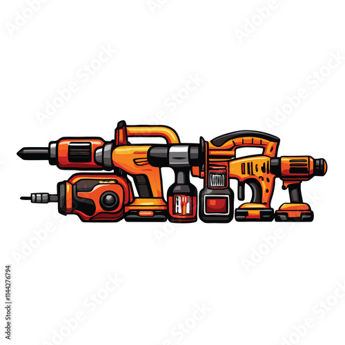 A meticulously arranged row of power tools, including drills, saws, and sanders, sits on a workbench in a well-lit workshop.