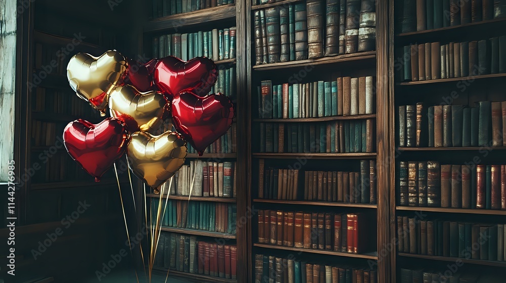 Naklejka premium Dark red and gold heart balloons hovering near a cozy corner of a rustic library filled with old books