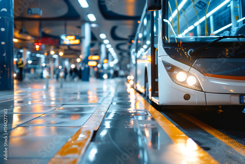 Modern bus waiting at a brightly lit station at night with reflections on the wet floor.