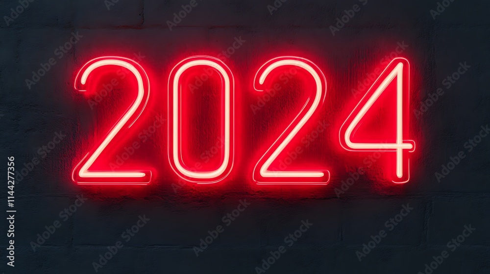 Red neon years 2024 glowing against a dark background Red neon years 2024 glowing against a dark background
