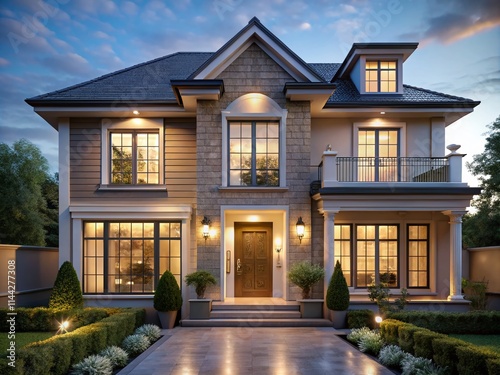 3D House Entrance Visualization: Modern Facade Design with Windows & Copy Space