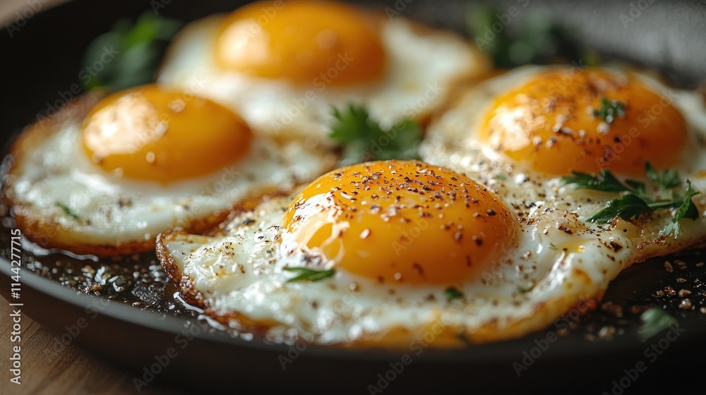 Four fried eggs in a pan with parsley and pepper. Four fried eggs in a pan with parsley and pepper.