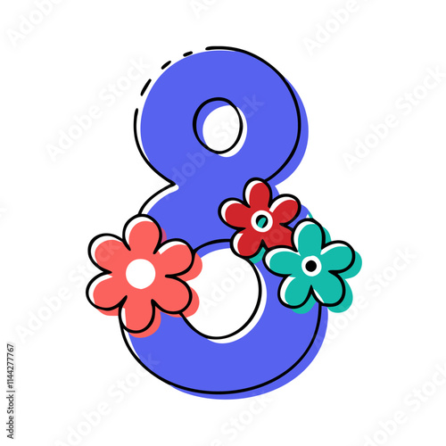 Colorful floral number eight adorned with vibrant flowers on a white background