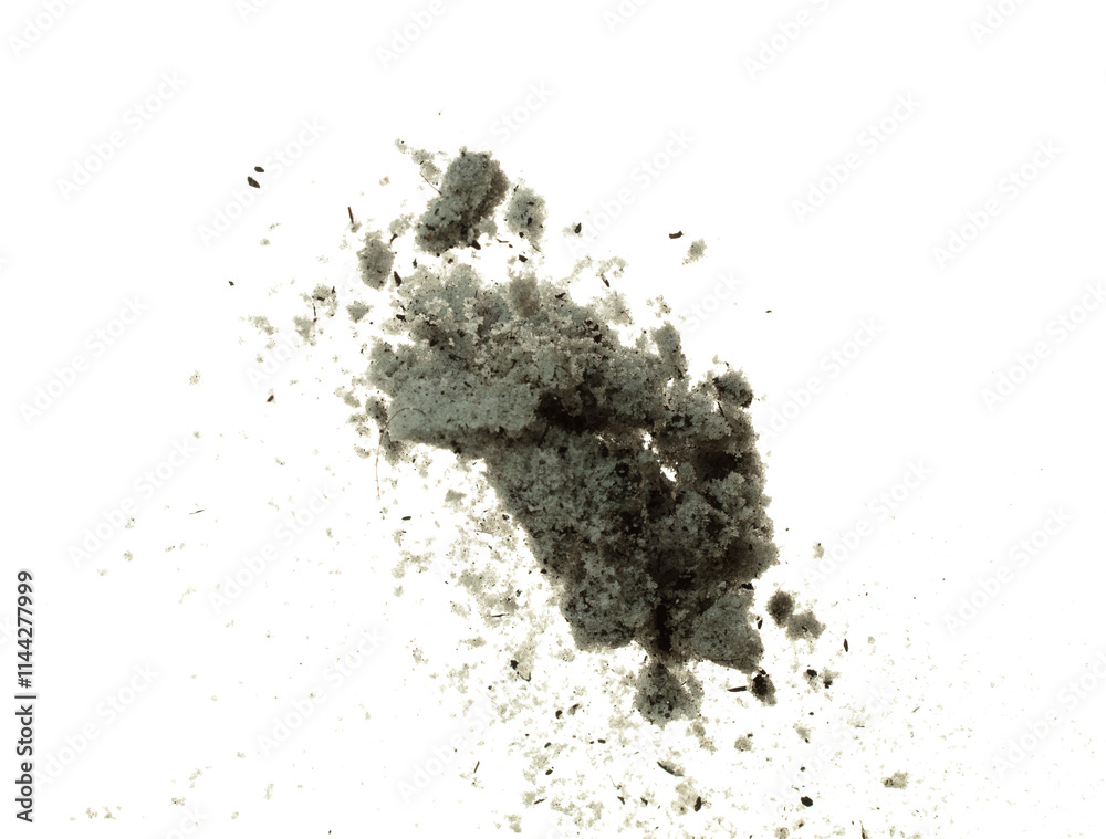 Dirty Melting snow mix with soil dust mud and splash fly in mid air. Dirty snow dust mud explode splash in winter, melt and thawing in spring. White background isolated element Dirty Melting snow mix with soil dust mud and splash fly in mid air. Dirty snow dust mud explode splash in winter, melt and thawing in spring. White background isolated element