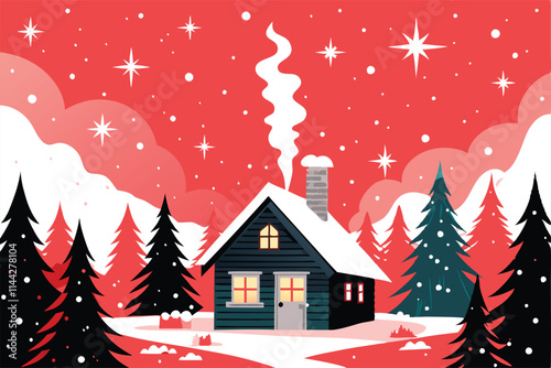 A cozy, snow-covered cabin nestled in a tranquil winter woodland, beautifully decorated for the holidays.  Exterior shot, emphasizing snowy landscape.